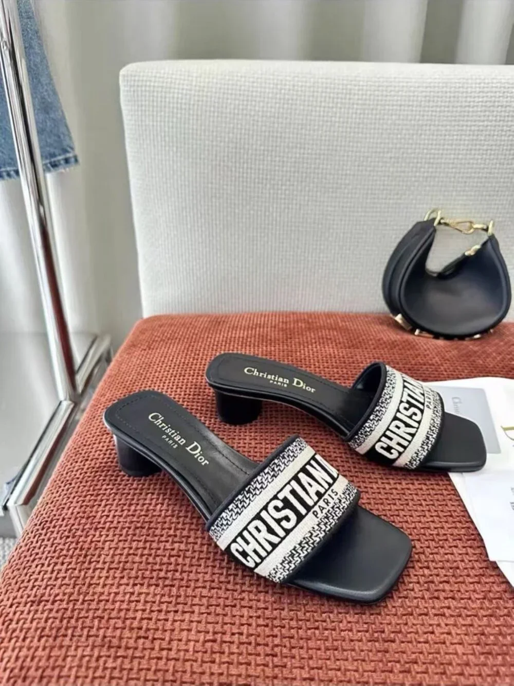 Christian Dior Women’s Textile Webbing Block Heel Open‑Toe Mule Sandals